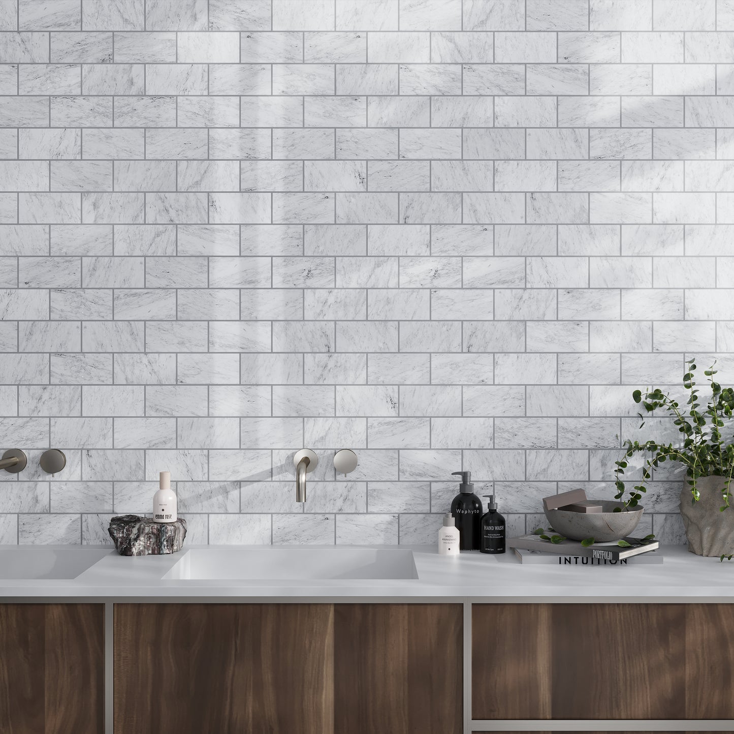 White 3 x 6 Polished Bianco Carrara Marble Subway Tile