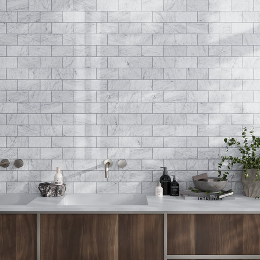 White 3 x 6 Polished Bianco Carrara Marble Subway Tile