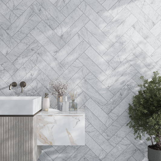White 4 x 16 Honed Bianco Carrara Marble Subway Tile