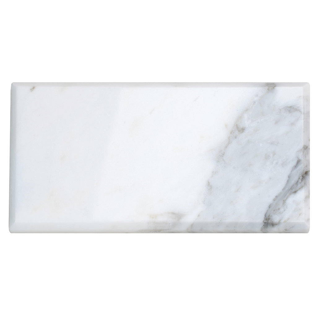 White 3 x 6 Polished, Beveled Marble Subway Tile