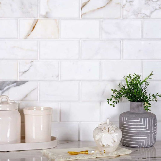 White 3 x 6 Polished, Beveled Marble Subway Tile