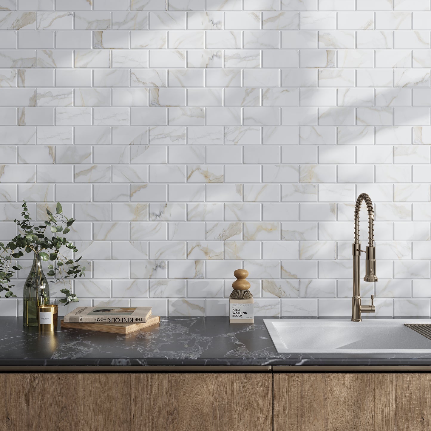 White 3 x 6 Polished Calacatta Gold Marble Beveled Subway Tile