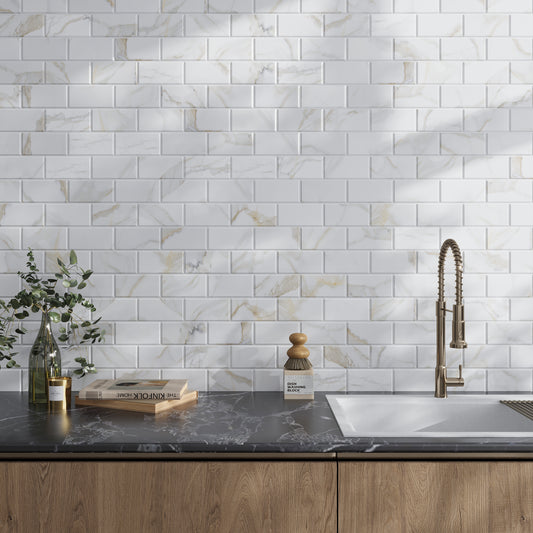 White 3 x 6 Polished Calacatta Gold Marble Beveled Subway Tile