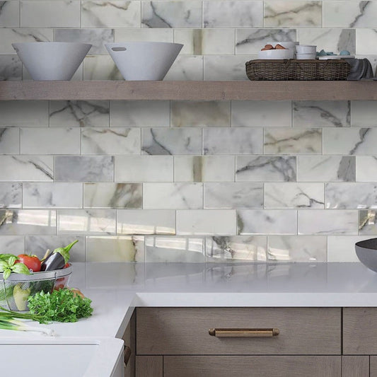 White 3 x 6 Polished Marble Subway Tile