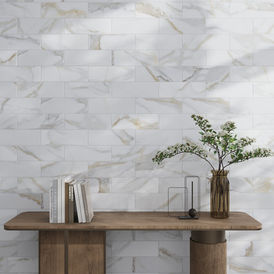 White 4 x 12 Calacatta Gold Marble Honed Subway Tile