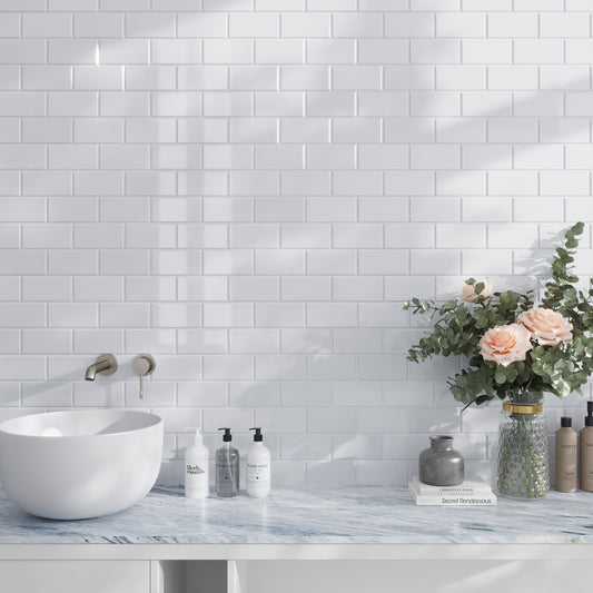 White 3 x 6 Polished Beveled Thassos Marble Subway Tile