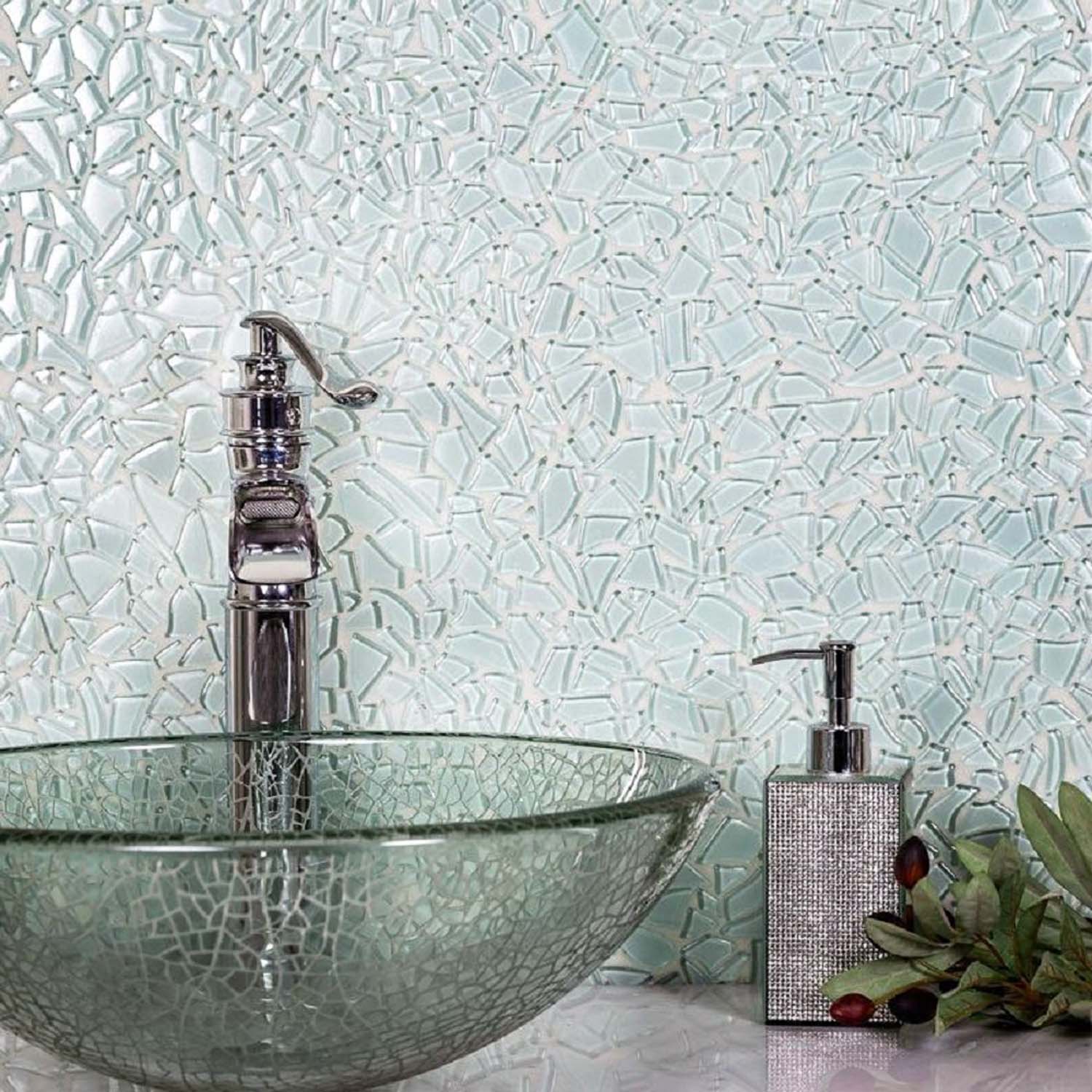 Tiffany blue 11x11 glossy and matte glass mosaic tile with irregular shaped pieces creating textured surface
