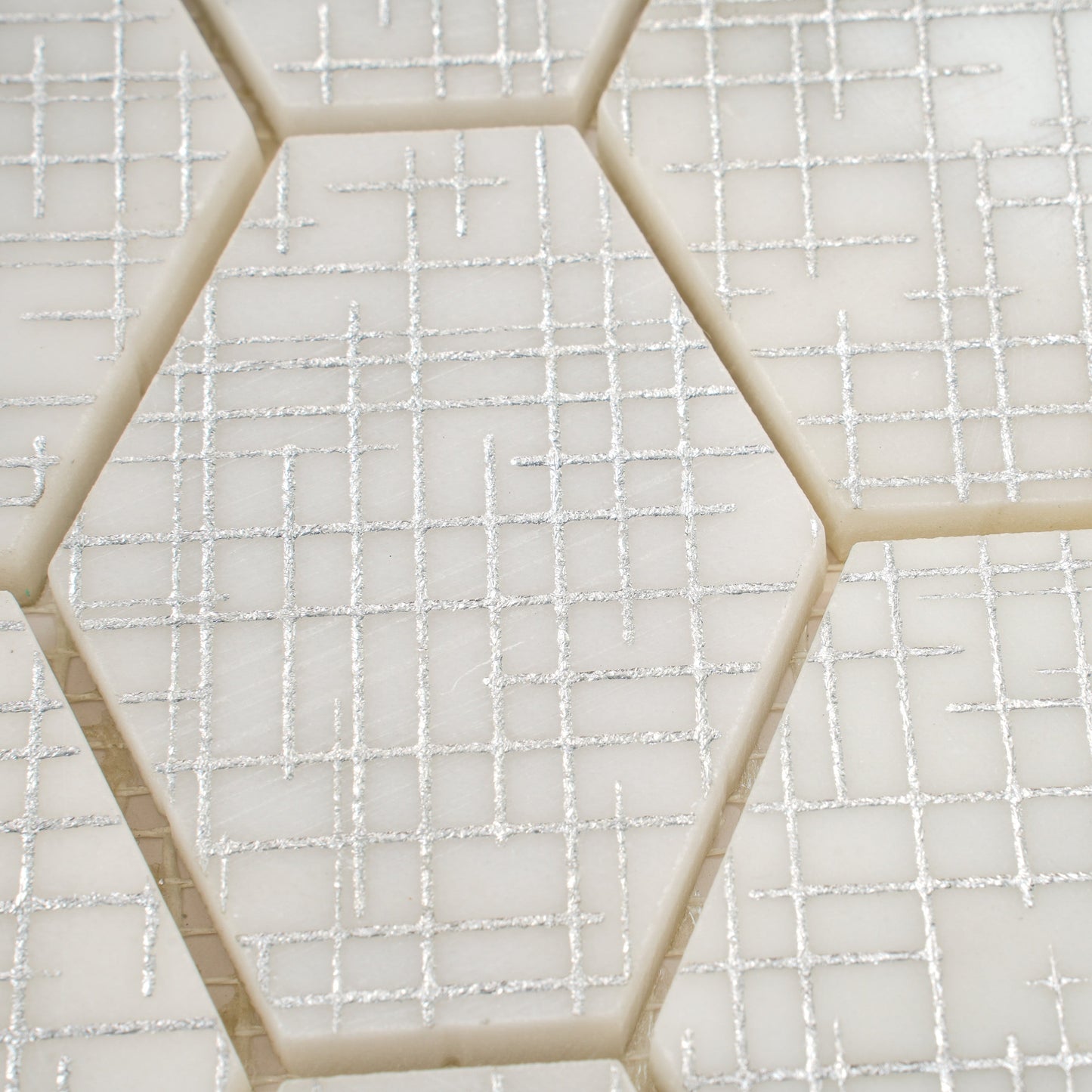 White Silver 12x12 Textured, Foiled Stone Hexagon Mosaic Tile - Sample