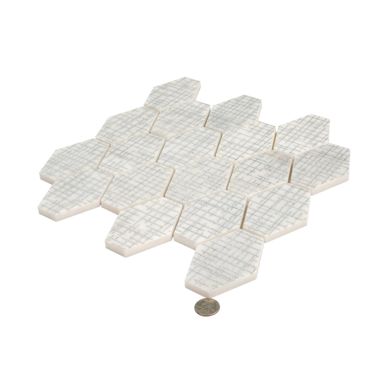 White Silver 12x12 Textured, Foiled Stone Hexagon Mosaic Tile