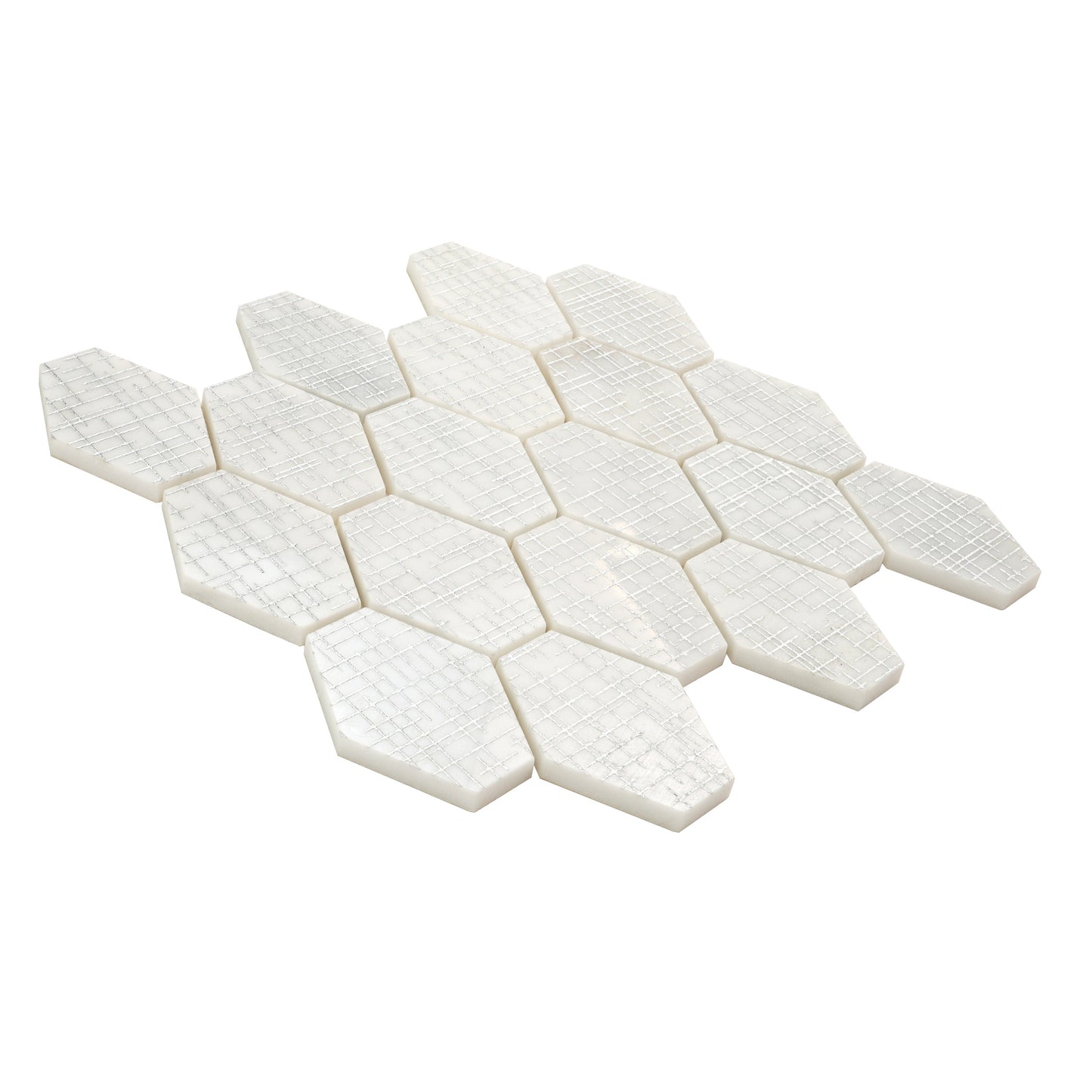 White Silver 12x12 Textured, Foiled Stone Hexagon Mosaic Tile - Sample