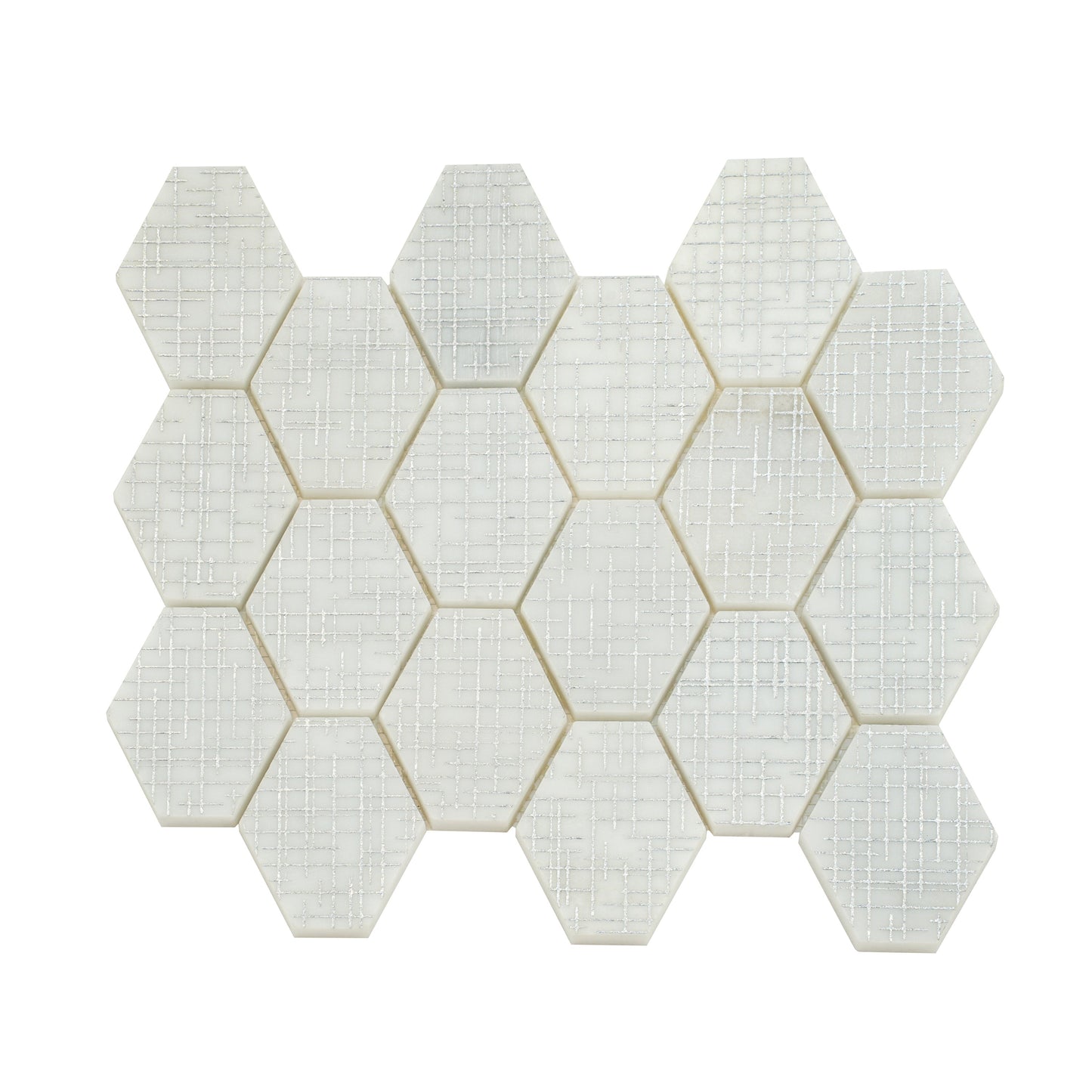 White Silver 12x12 Textured, Foiled Stone Hexagon Mosaic Tile - Sample