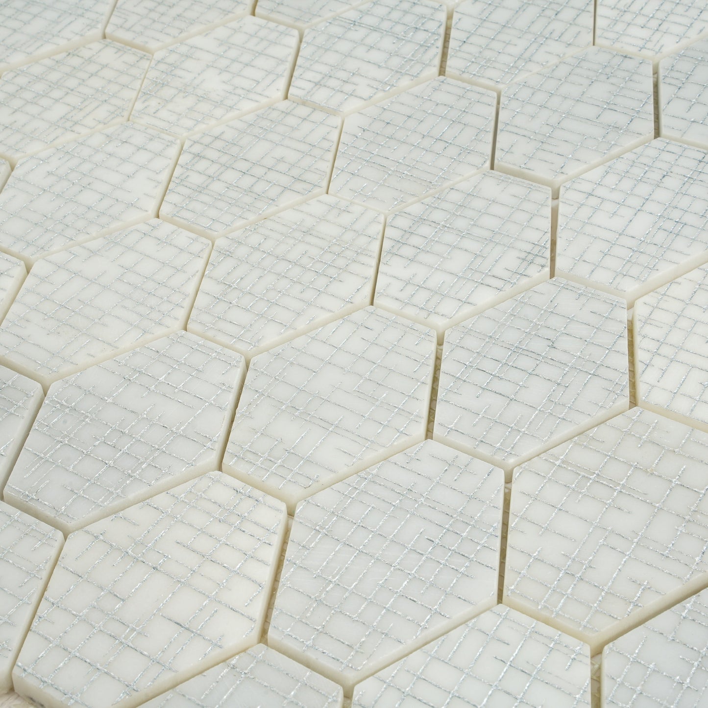 White Silver 12x12 Textured, Foiled Stone Hexagon Mosaic Tile - Sample
