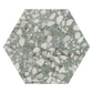 Sage green matte porcelain hexagon tile with terrazzo pattern in 9x11 size