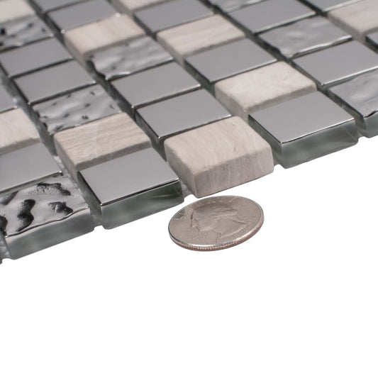 Light Gray 12 x 12 Polished, Textured Glass, Stone Mosaic Tile - Sample