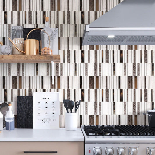 Brown and White 12 x 12 Polished, Textured Glass, Stone Mosaic Tile - Sample