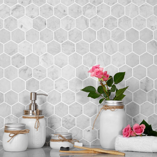 powder white honed bianco carrara marble hexagonal mosaic tile pattern