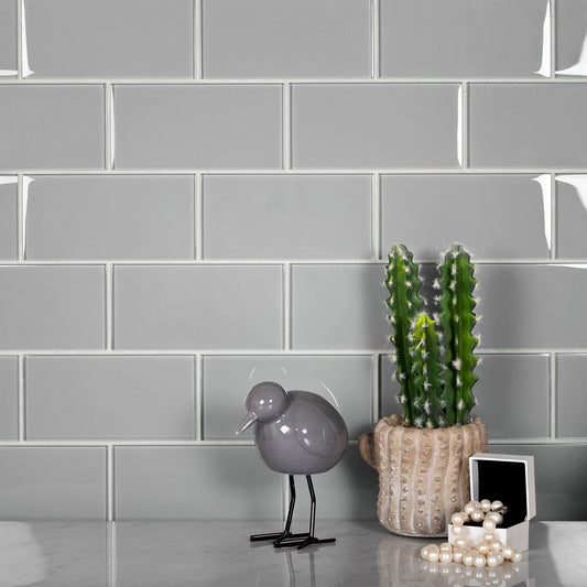 Gray 3 x 6 Glossy Glass Subway Tile