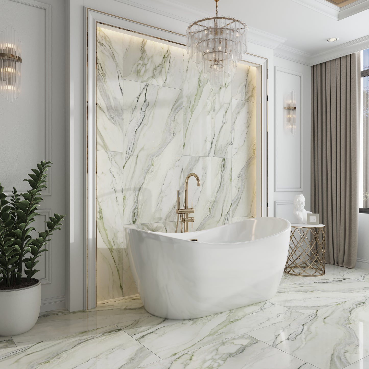 White with Sage Green Veins 24 x 48 Polished Porcelain Large Tile - Sample