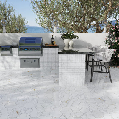 white 12x12 matte porcelain mosaic tile with hexagonal marble pattern and subtle gold veining