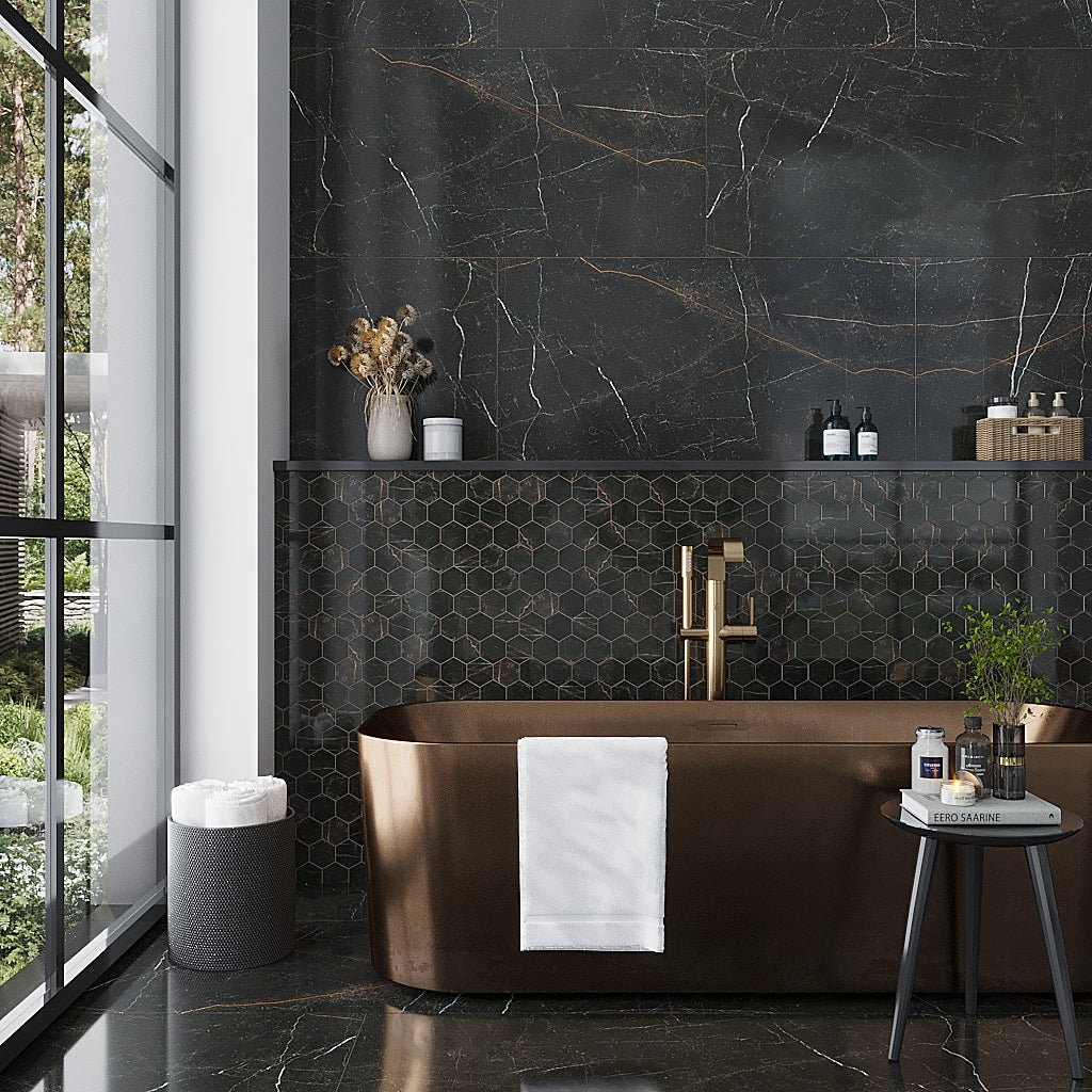 Sable Black 9 x 13 Polished Porcelain Mosaic Tile