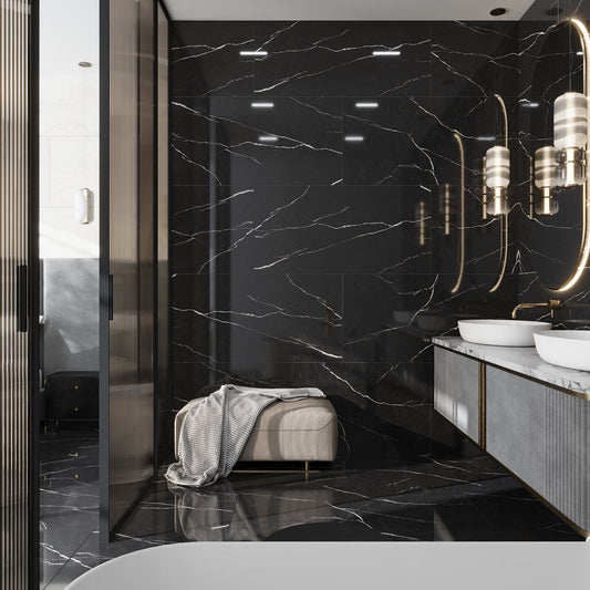 Black 24 x 48 Polished Porcelain Large Tile