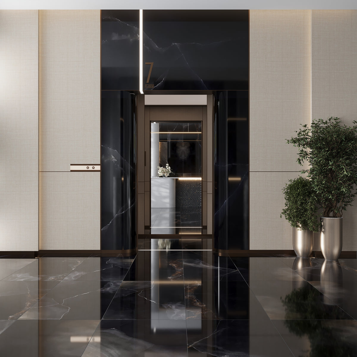 black 24x48 lappato porcelain large tile with subtle white veining and glossy finish
