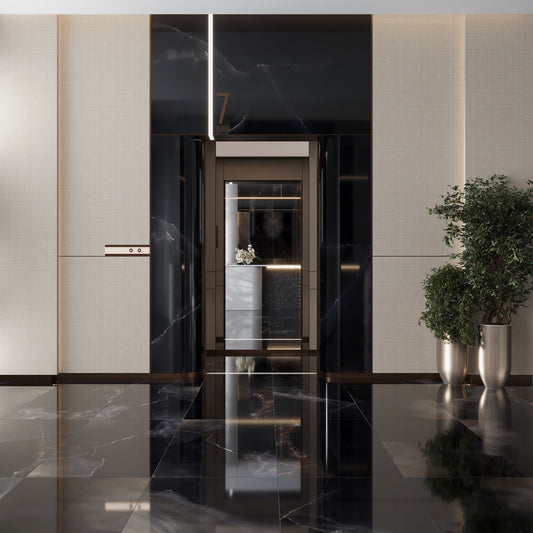 black 24x48 lappato porcelain large tile with subtle white veining and glossy finish