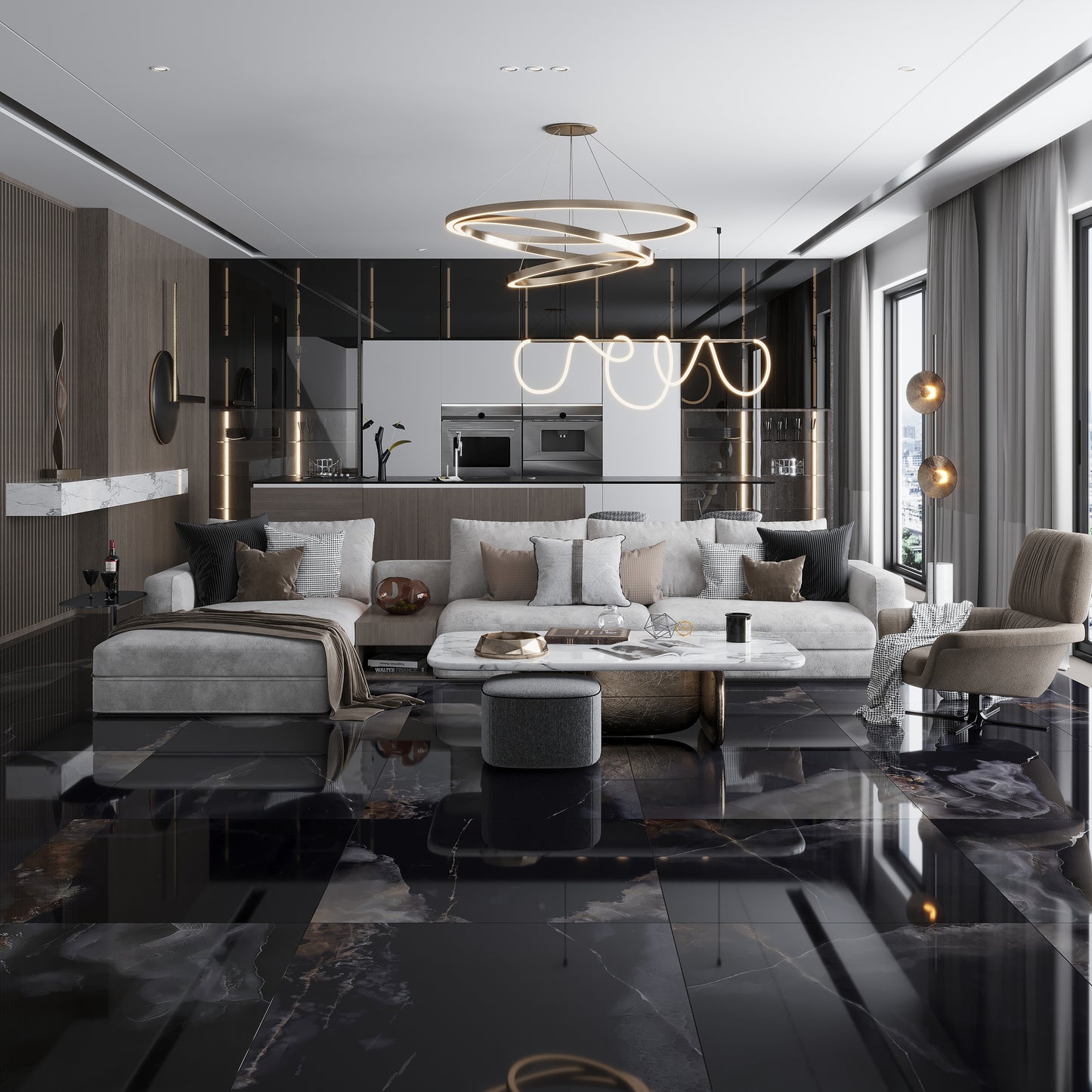 Black 36 x 36 Lappato Porcelain Large Tile