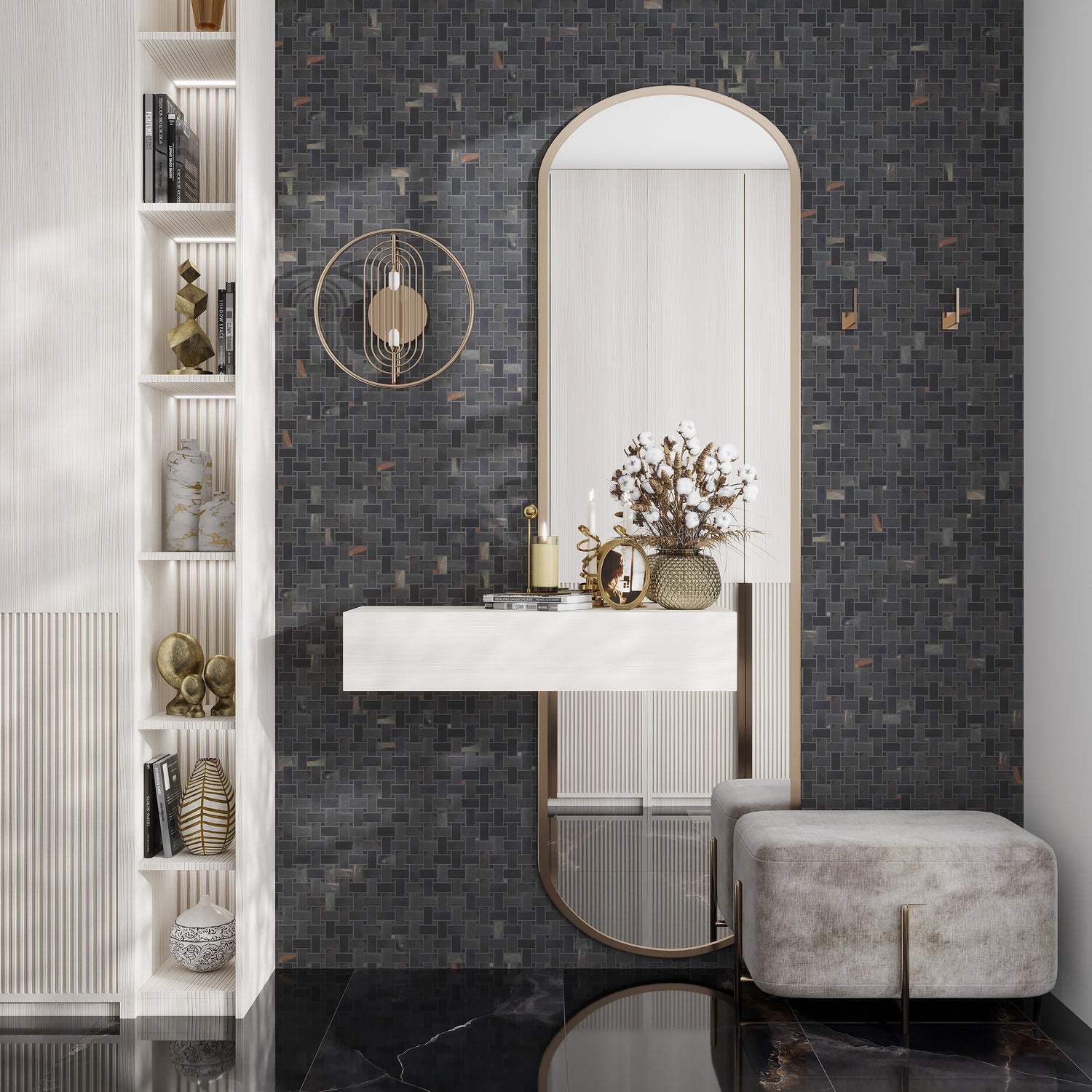 black 12x12 matte porcelain mosaic tiles arranged in a basket weave pattern