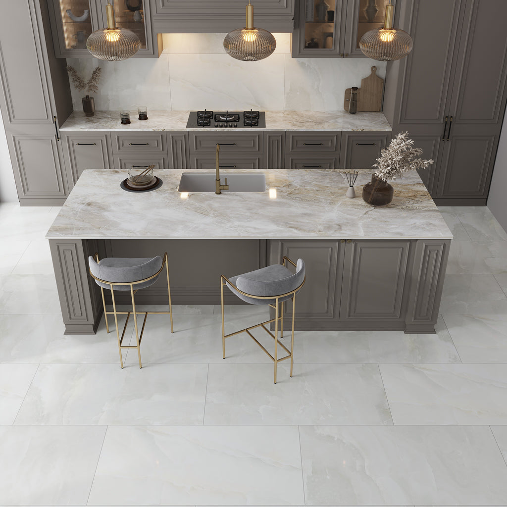 Alabaster white 24x48 lappato finish porcelain large floor tiles with subtle veining