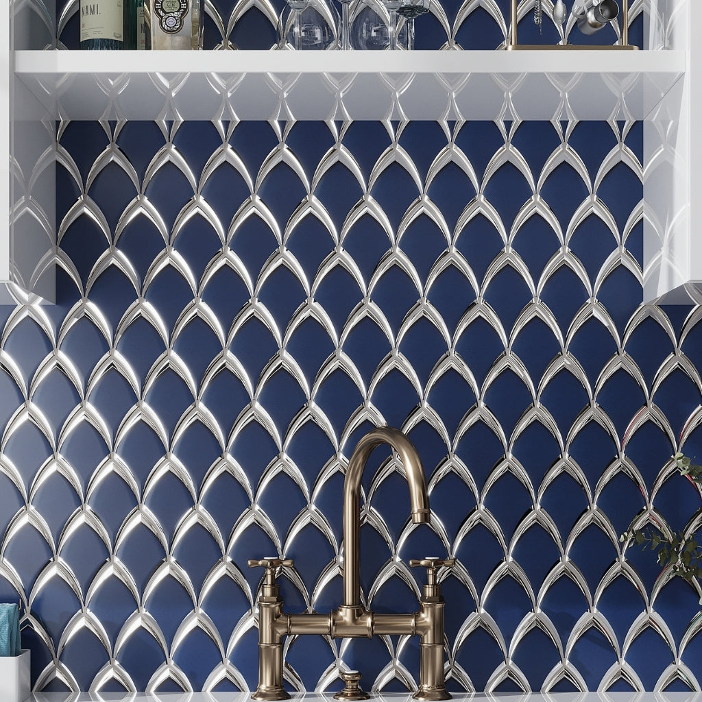 Blue, Gray 10x12 Glossy Glass Arabesque, Fan Mosaic Tile