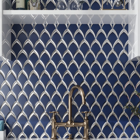 Blue, Gray 10x12 Glossy Glass Arabesque, Fan Mosaic Tile