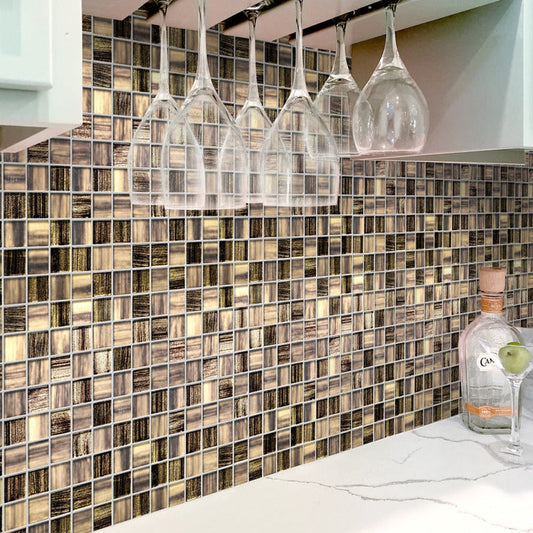 brown glossy matte glass mosaic tile backsplash with 11x11 square pattern