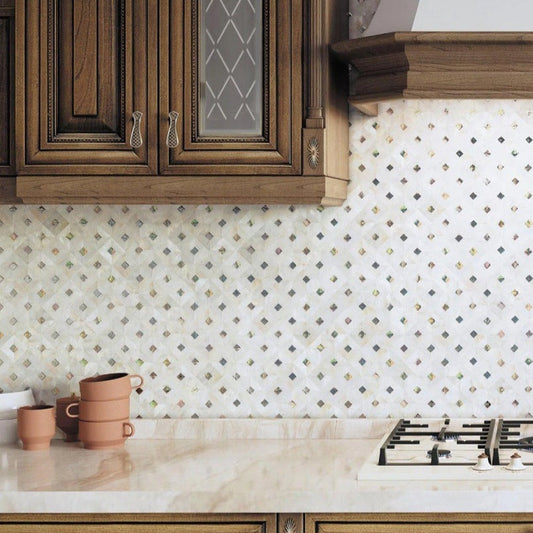 White 12 x 12 Polished Shell, Mother of Pearl Mosaic Tile - Sample