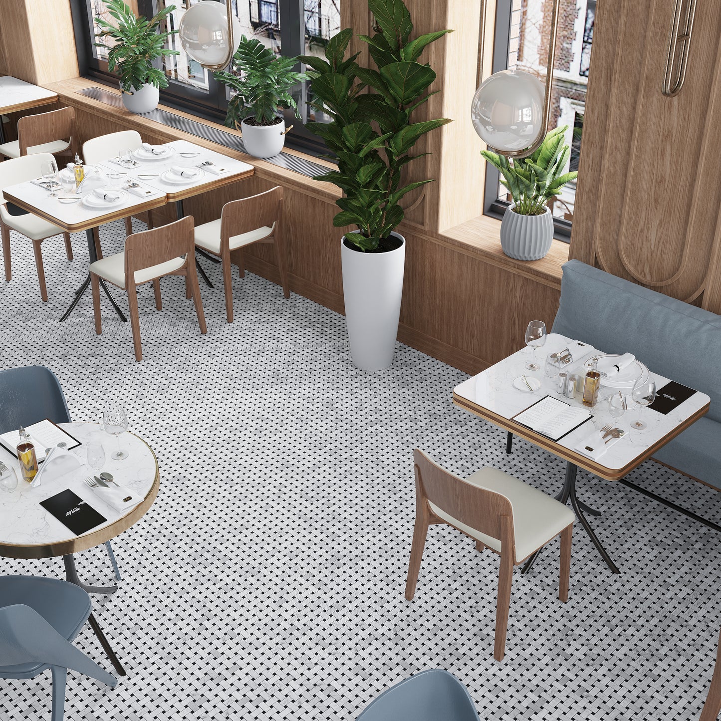 White 12 x 12 Polished Dot Basketweave Bianco Carrara, Eastern Black Marble Mosaic Tile