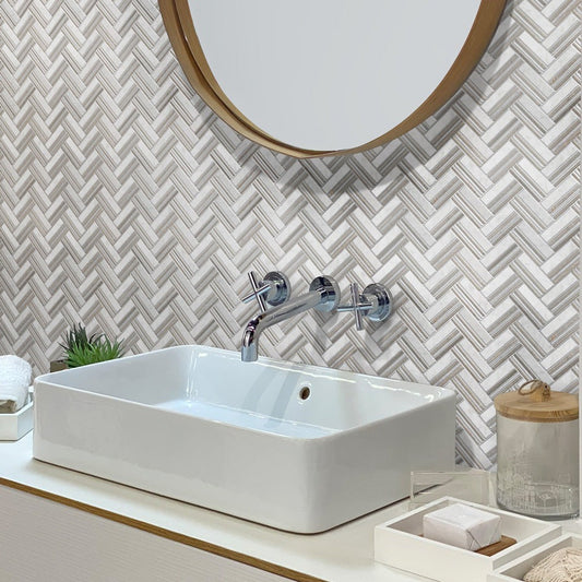 Beige and White 11 x 12 Polished Marble Mosaic Tile - Sample