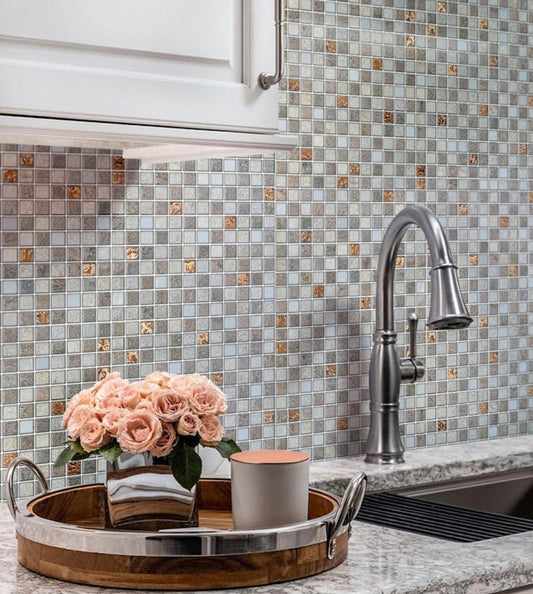 Gray 12 x 12 Polished, Textured Glass, Stone, Metal Mosaic Tile - Sample