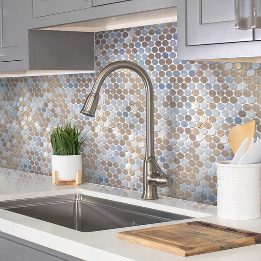 Gray and Beige 11 x 12 Polished Marble Mosaic Tile - Sample