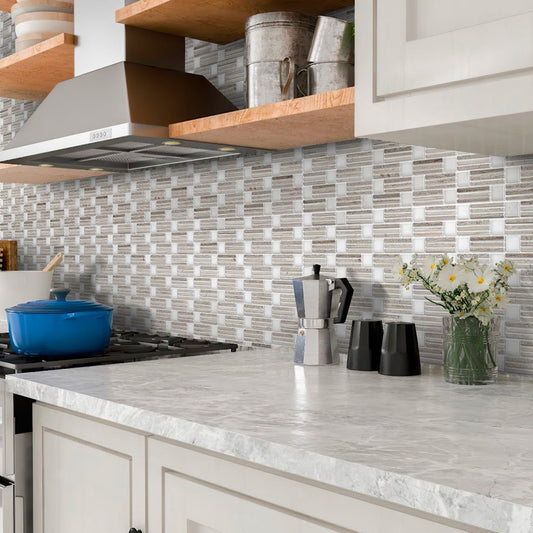 White and Beige 12 x 12 Polished Marble Mosaic Tile - Sample