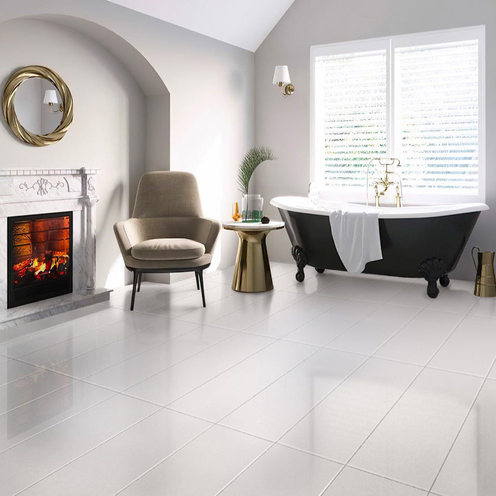 white 12x36 satin finish ceramic floor tiles installed with grout lines
