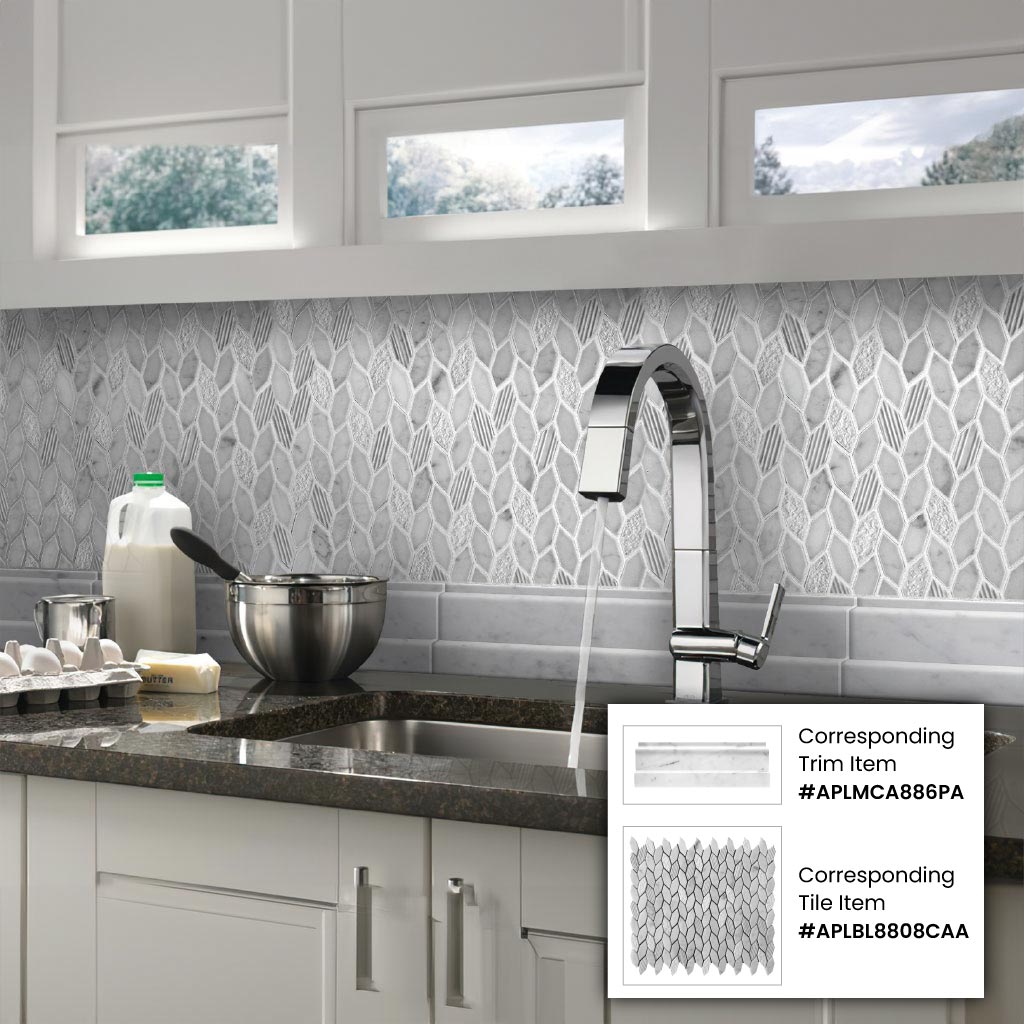 White and Gray 12 x 12 Polished, etched Marble Mosaic Tile