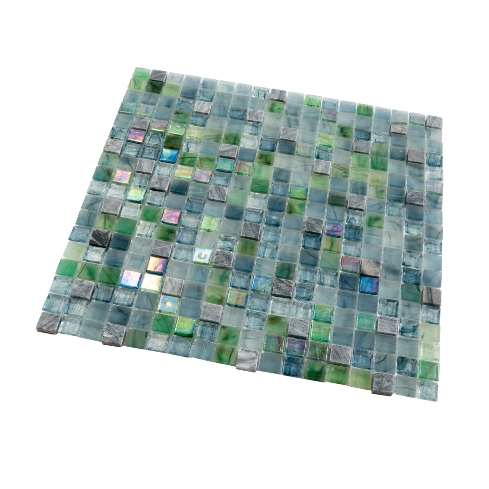 Stone Blue and Green 12 x 12 Glossy Glass Mosaic Tile