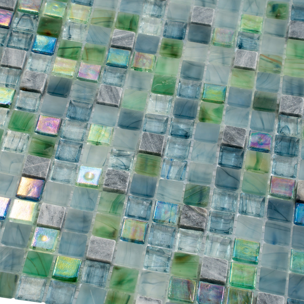 Stone Blue and Green 12 x 12 Glossy Glass Mosaic Tile