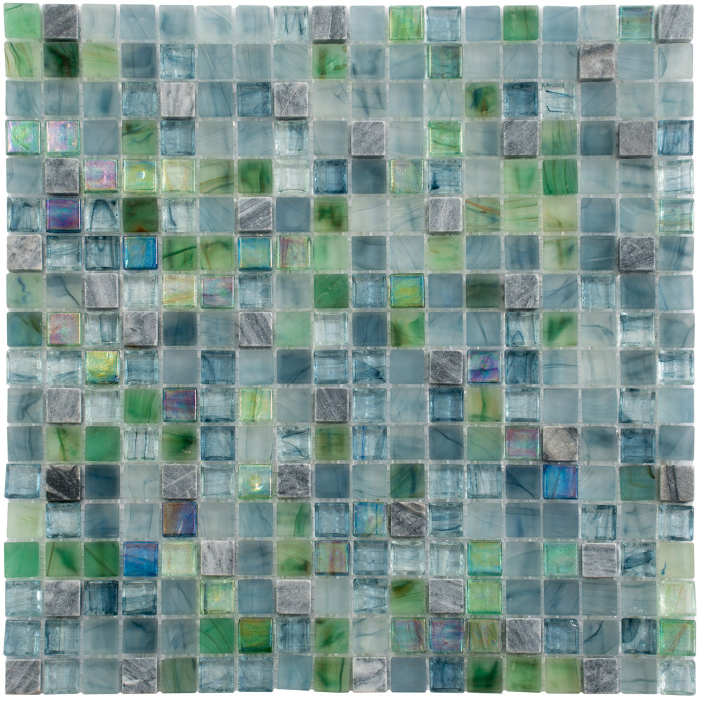 Stone Blue and Green 12 x 12 Glossy Glass Mosaic Tile