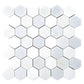 Hexagonal polished marble mosaic tile in Thassos, Blue Celeste, and Paper White colors 12x12