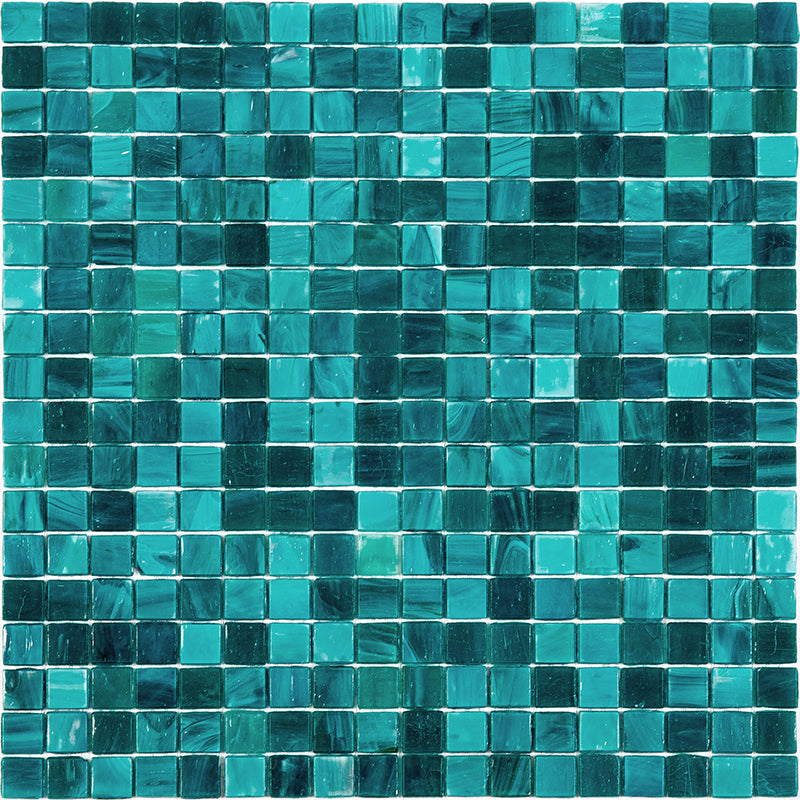 Glossy cerulean green glass mosaic tile sheet with 12x12 small square tiles