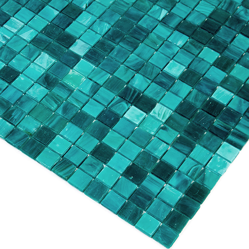 Glossy cerulean green glass mosaic tile sheet with 12x12 inch dimensions and varied square tiles