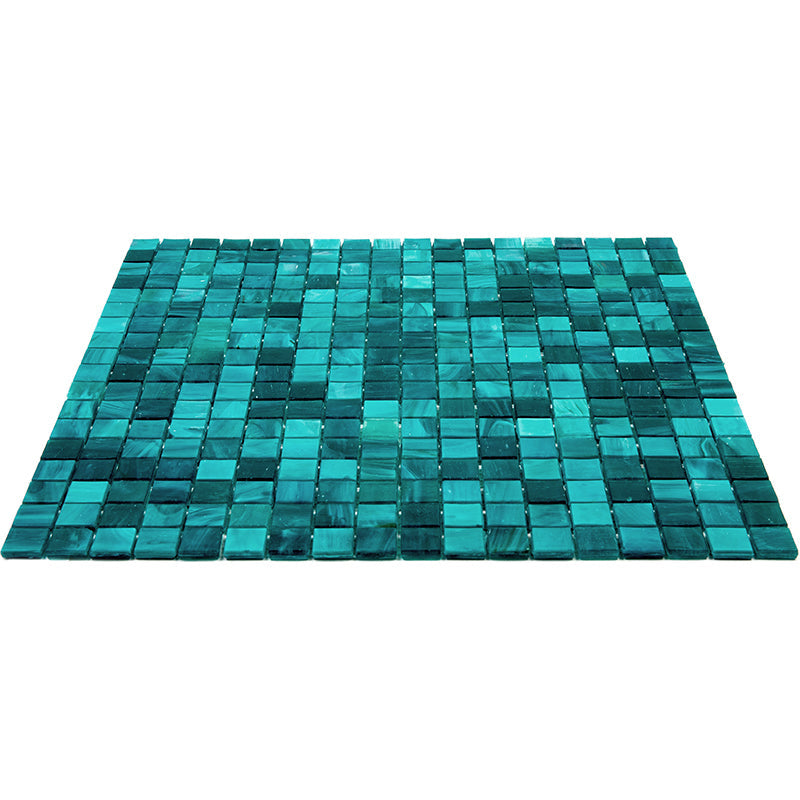 cerulean green glossy glass mosaic tile sheet with square small tiles 12x12 inches