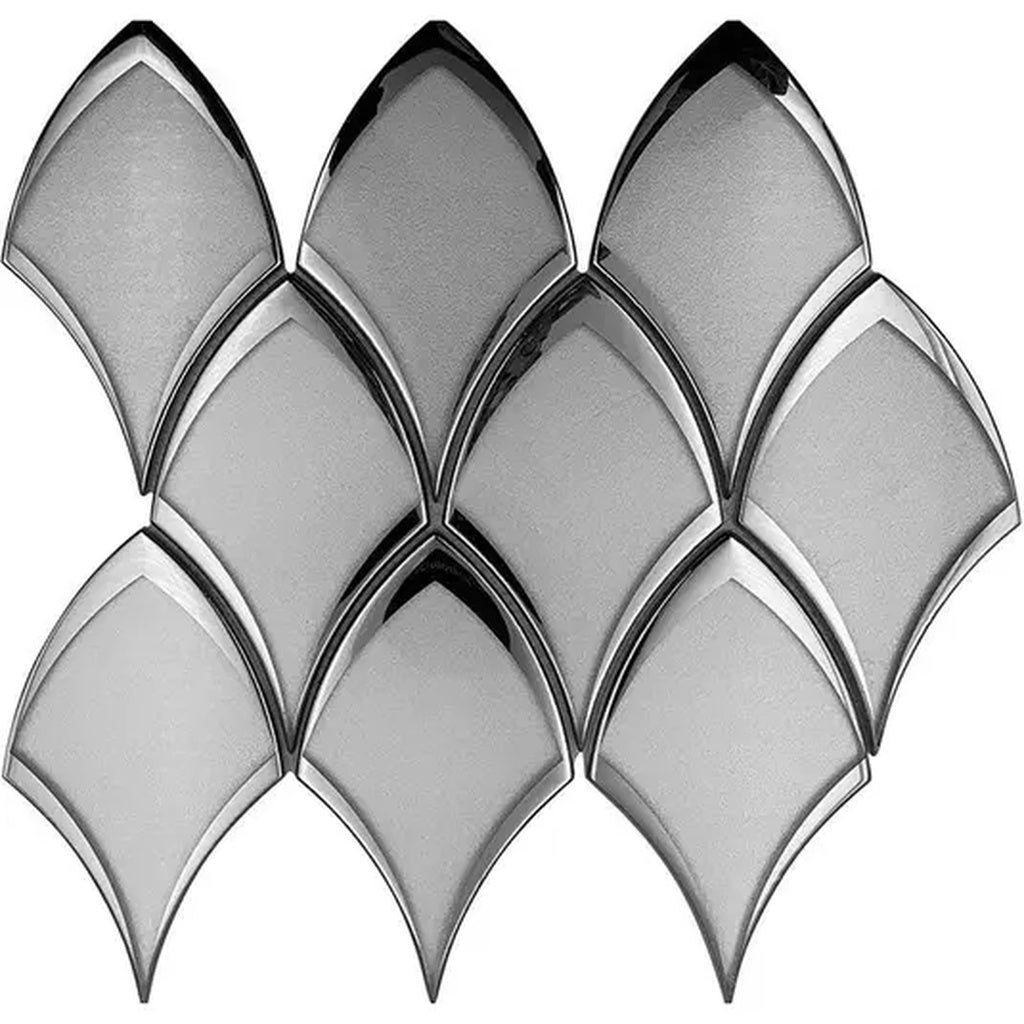 Gray, Silver 10x12 Glossy Glass Arabesque, Fan Mosaic Tile - Sample
