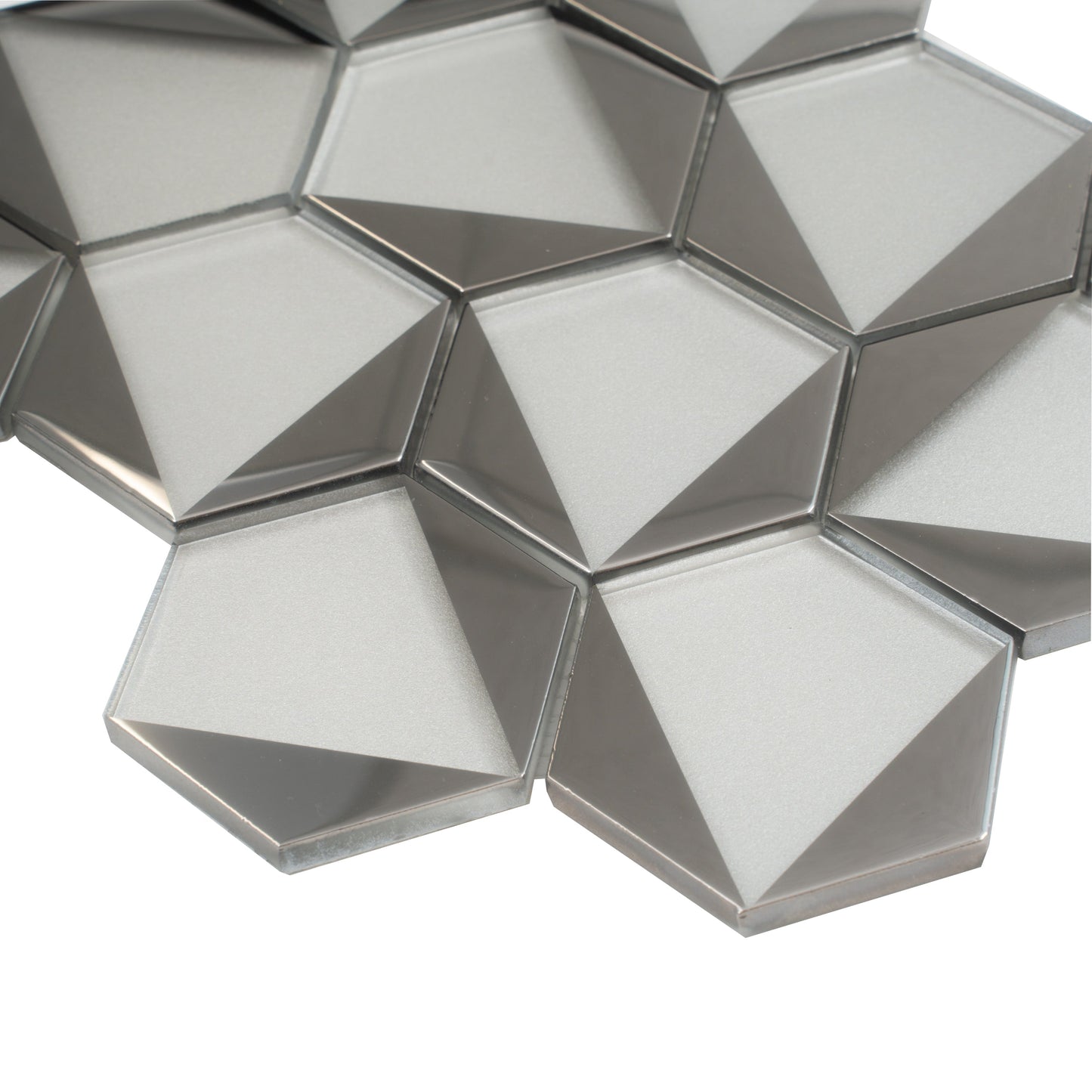 Gray, Silver 9x11 Glossy Glass Hexagon Mosaic Tile - Sample